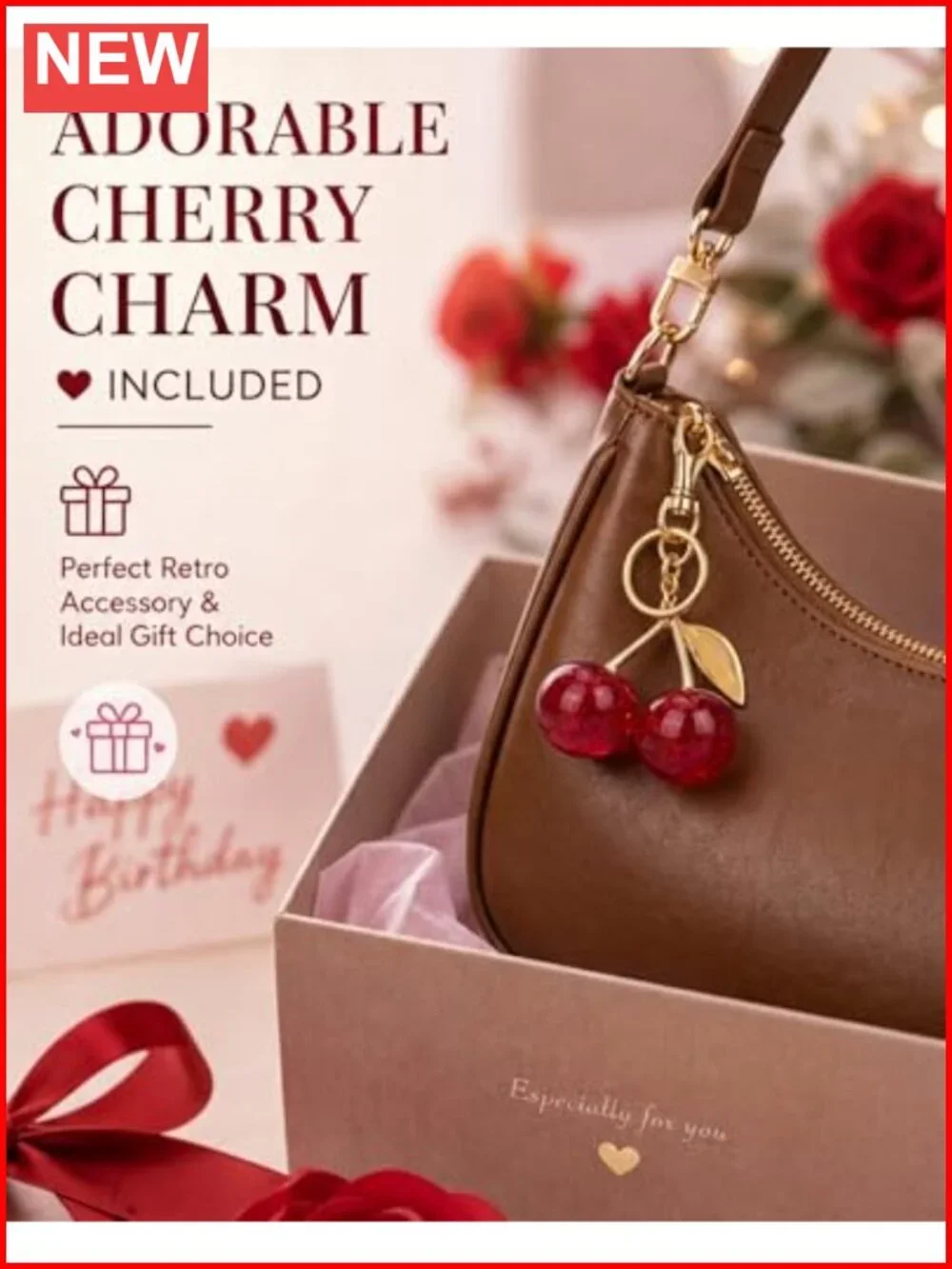 Women's Faux Leather Hobo Shoulder Bag with Zipper & Cherry Charm